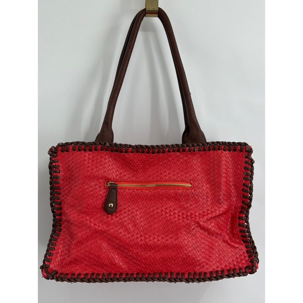 Shiraleah Chicago Coral Woven Tote Vegan Shoulder Bag Brown Whipstitch Trim Lg